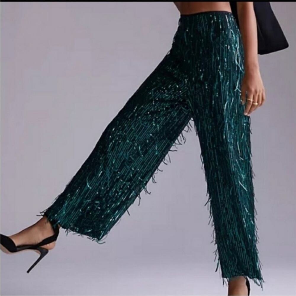 NWOT Anthropologie Maeve Fringe Fringed Sequin Wide Leg Pants